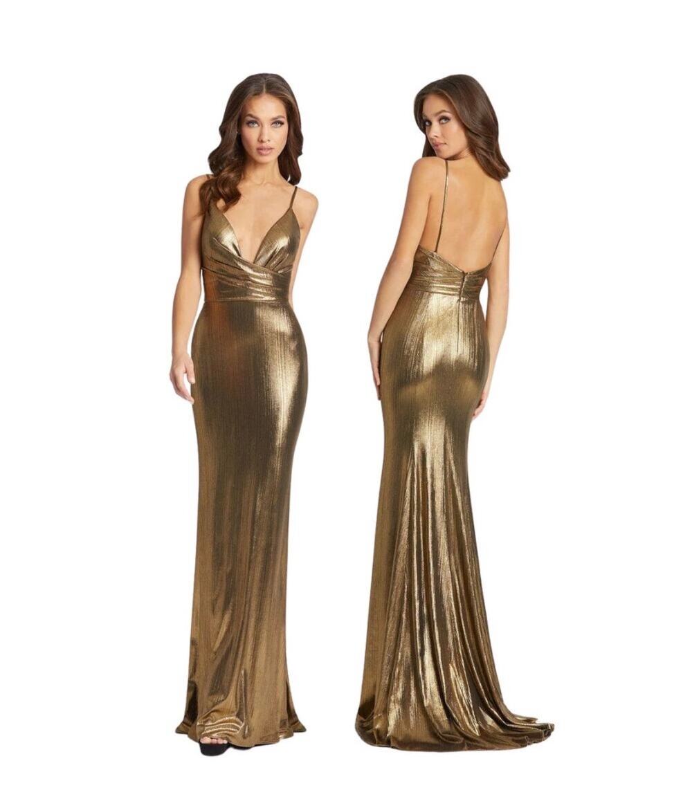 NWT IEENA MAC DUGGAL Gold Metallic Faux Wrap Spaghetti Strap Gown Plunge Back 12